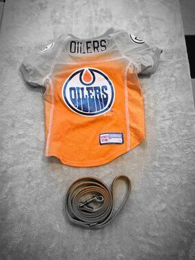 K9 Edmonton oilers dog shirt and leather leash